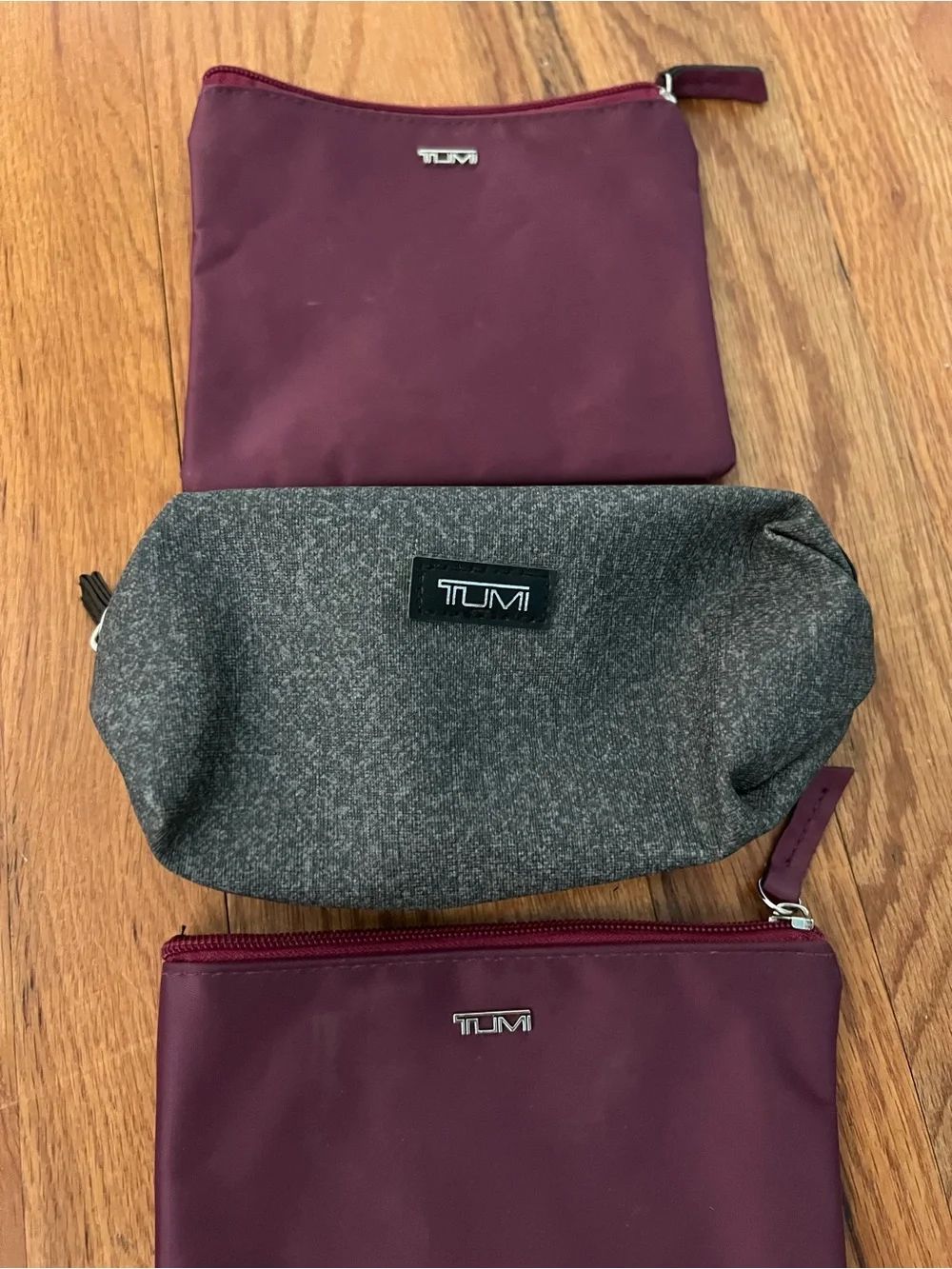 Tumi Burgundy and Gray Men's Travel Pouch Trio